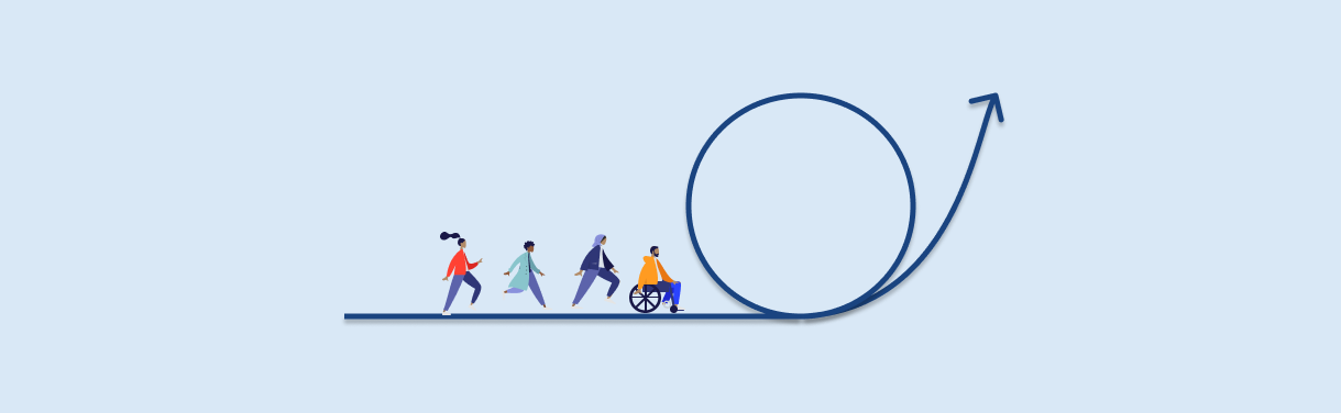 Illustration of several people moving along a line that leads to a loop ending in an arrow pointing up and to the right.